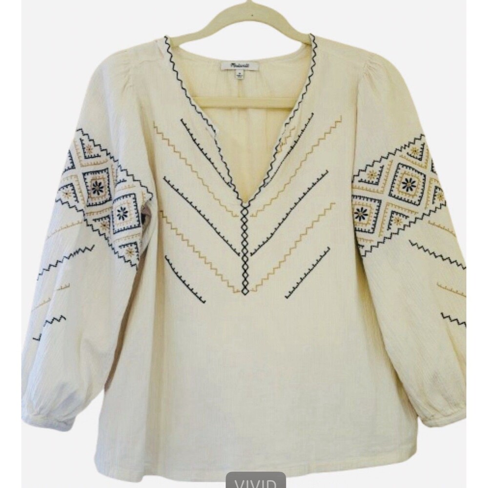Madewell Embroidered Peasant Top Medium Antique Cream Puff Sleeve Boho Blouse
